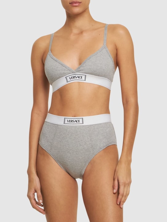 Versace: Logo ribbed cotton triangle bra - Grey - women_1 | Luisa Via Roma