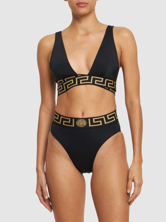 Versace: Top bikini in Lycra con motivo greca - Nero - women_1 | Luisa Via Roma
