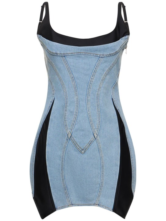 MUGLER: Vestido corto de denim y jersey - Azul/Negro - women_0 | Luisa Via Roma