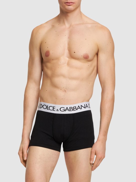 Dolce&Gabbana: 로고 코튼 박서 브리프 - 블랙 - men_1 | Luisa Via Roma
