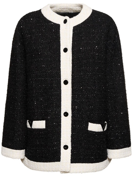 Valentino: Tweed lurex caban collarless jacket - Black/White - women_0 | Luisa Via Roma