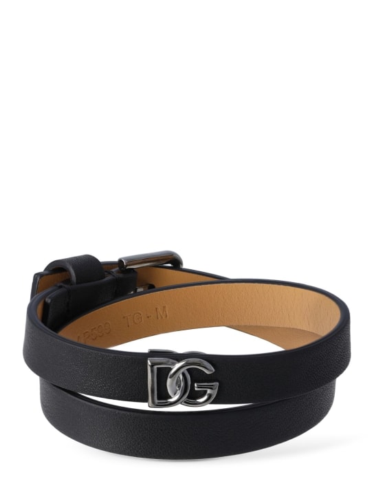 Dolce&Gabbana: DG logo double wrap leather bracelet - Siyah/Gümüş - men_0 | Luisa Via Roma