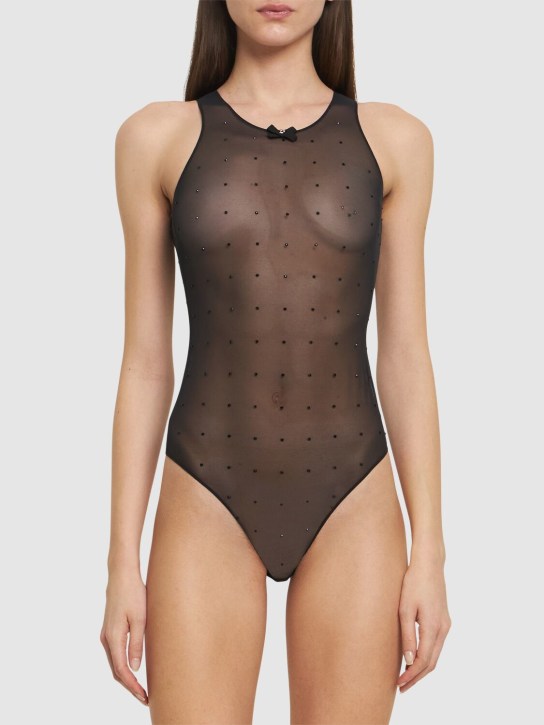 Dsquared2: Crystal dots mesh crewneck bodysuit - Siyah - women_1 | Luisa Via Roma