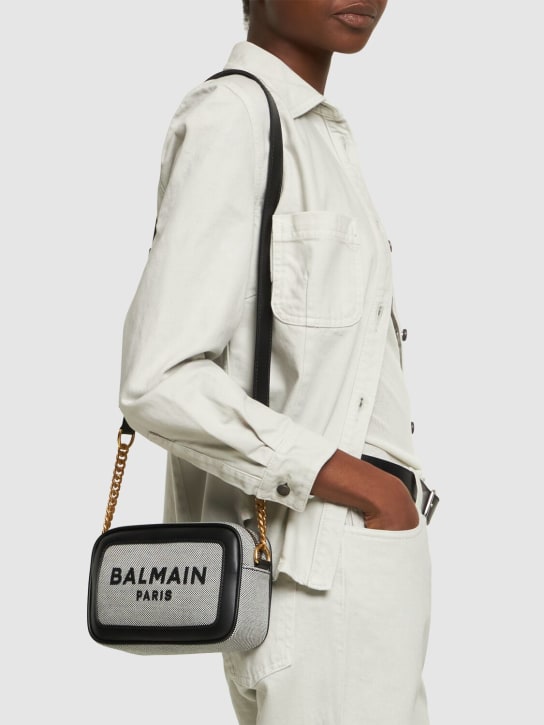 Balmain: B-army logo canvas camera bag - Black/White - women_1 | Luisa Via Roma