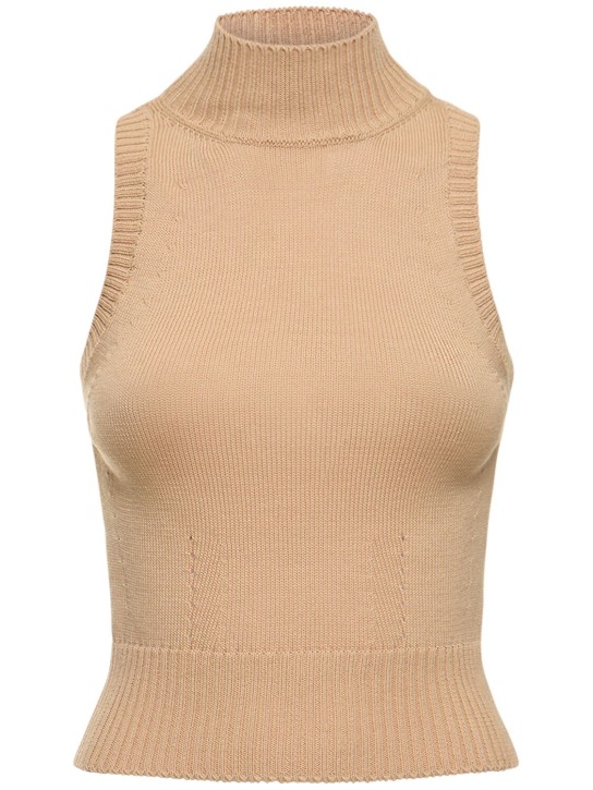Ermanno Scervino: Cotton knit turtleneck sleeveless top - Beige - women_0 | Luisa Via Roma