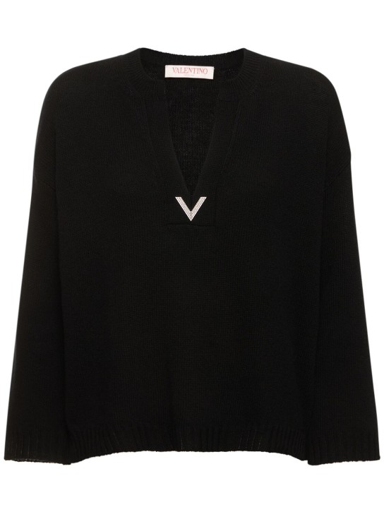 Valentino: 羊毛针织V领毛衣 - 黑色 - women_0 | Luisa Via Roma