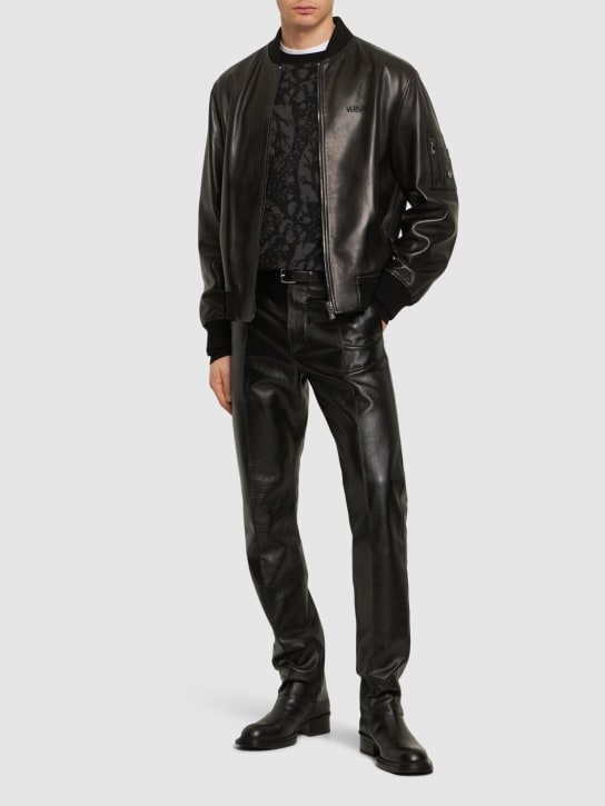 Versace: 로고 가죽 지퍼 재킷 - 블랙 - men_1 | Luisa Via Roma