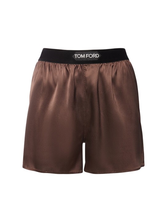 Tom Ford: Shorts de satén de seda con logo - Café - women_0 | Luisa Via Roma