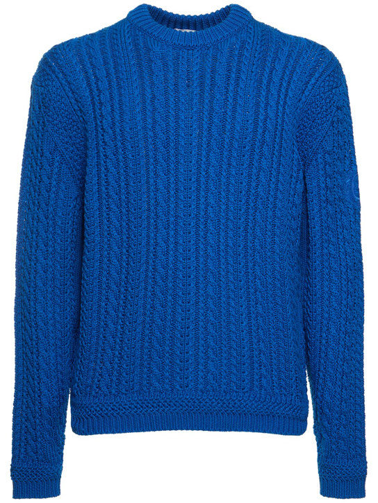 Bally: Suéter de algodón con cuello redondo - Azul - men_0 | Luisa Via Roma