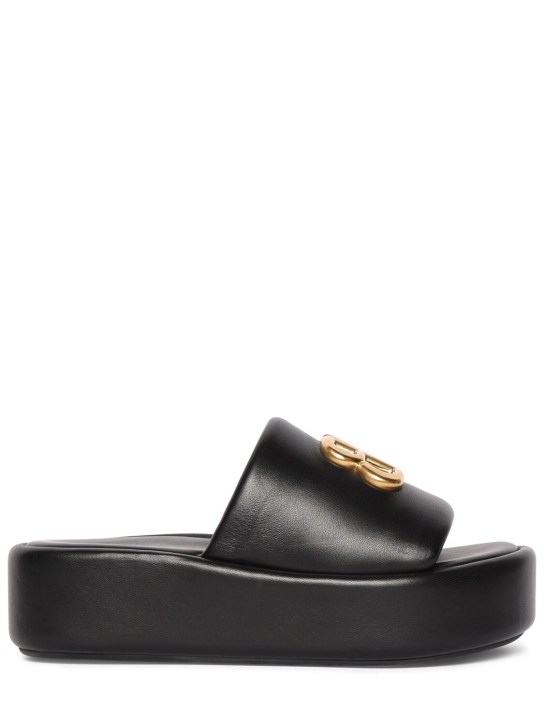 Balenciaga: 80mm BB shiny leather slide sandals - Siyah - women_0 | Luisa Via Roma