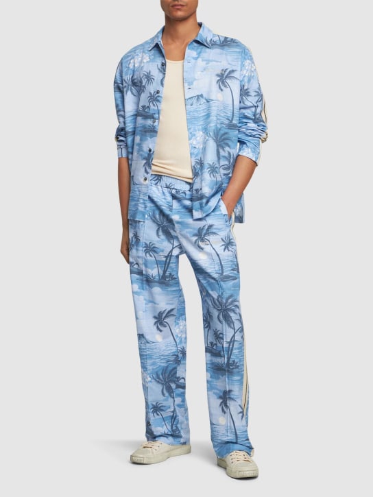 Palm Angels: Pantalon de sport en lin mélangé Sunset - Bleu Indigo - men_1 | Luisa Via Roma