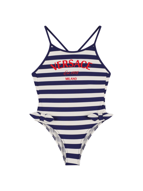 Versace: Badeanzug aus Lycra mit Logostreifen - Weiß/Navy - kids-girls_0 | Luisa Via Roma