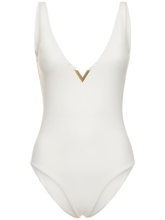 Valentino: Lycra v-neck logo one piece swimsuit - White - women_0 | Luisa Via Roma
