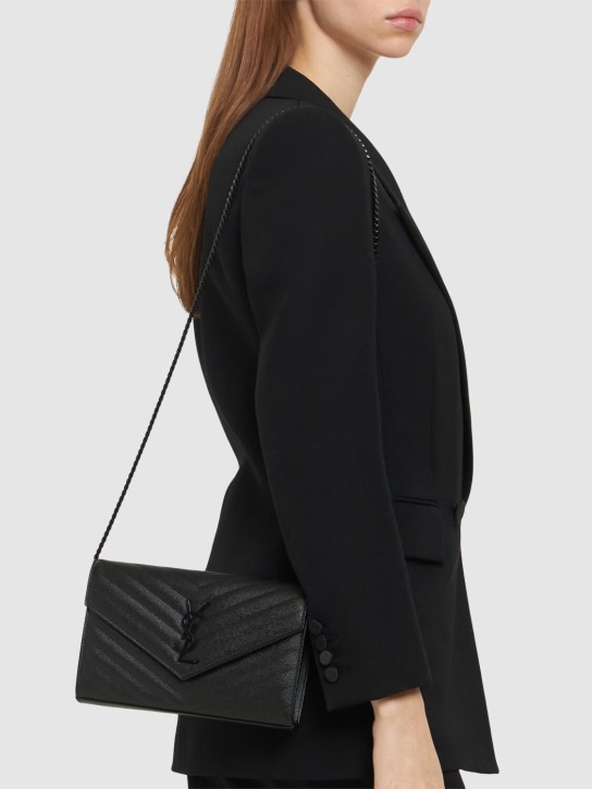 Saint Laurent: Monogram embossed leather chain wallet - Black - women_1 | Luisa Via Roma