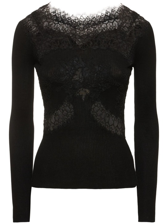 Ermanno Scervino: Embroidered cotton & lace top - Siyah - women_0 | Luisa Via Roma