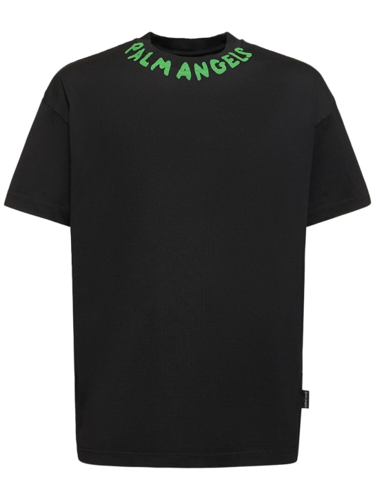 Palm Angels: Seasonal logo cotton t-shirt - Siyah - men_0 | Luisa Via Roma