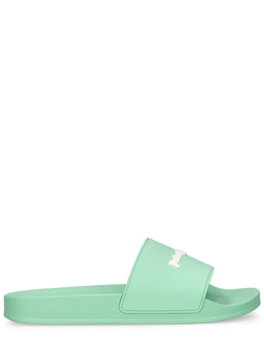 Palm Angels: Essential logo rubber pool slide sandals - Light Green - men_0 | Luisa Via Roma