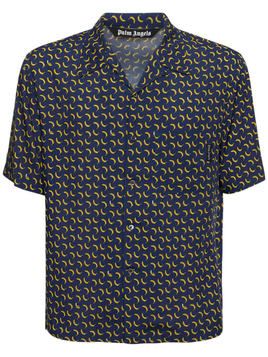 Palm Angels: Banana viscose bowling shirt - Navy - men_0 | Luisa Via Roma