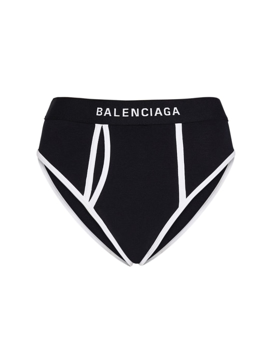 Balenciaga: ハイウエストコットンジャージーブリーフショーツ - ブラック/ホワイト - women_0 | Luisa Via Roma