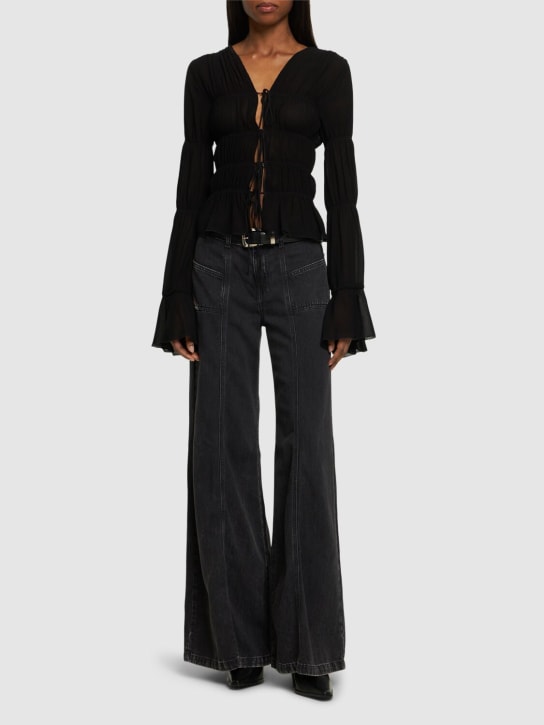 Blumarine: 褶饰透明粘胶纤维长袖衬衫 - 黑色 - women_1 | Luisa Via Roma