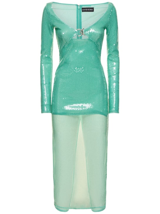 David Koma: Logo buckle sequined midi dress - Turquoise - women_0 | Luisa Via Roma