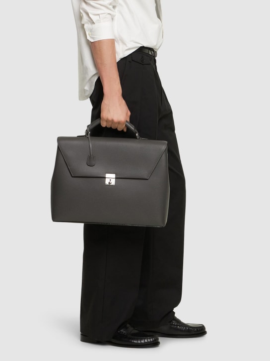 Valextra: Avietta leather briefcase - Fumo Londra - men_1 | Luisa Via Roma