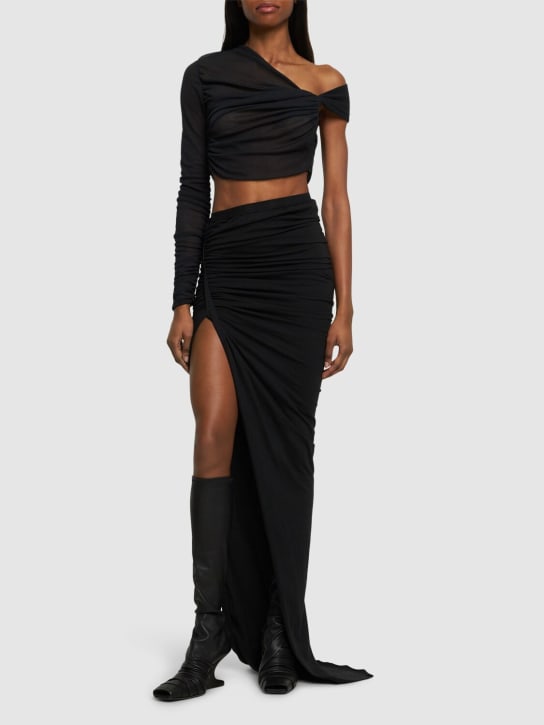 Rick Owens DRKSHDW: 垂褶平纹针织长款拖尾半身裙 - 黑色 - women_1 | Luisa Via Roma
