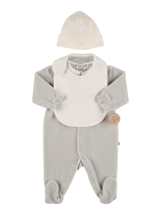 Bonpoint: Cotton bodysuit, bib, hat & rattle - Grey - kids-boys_0 | Luisa Via Roma