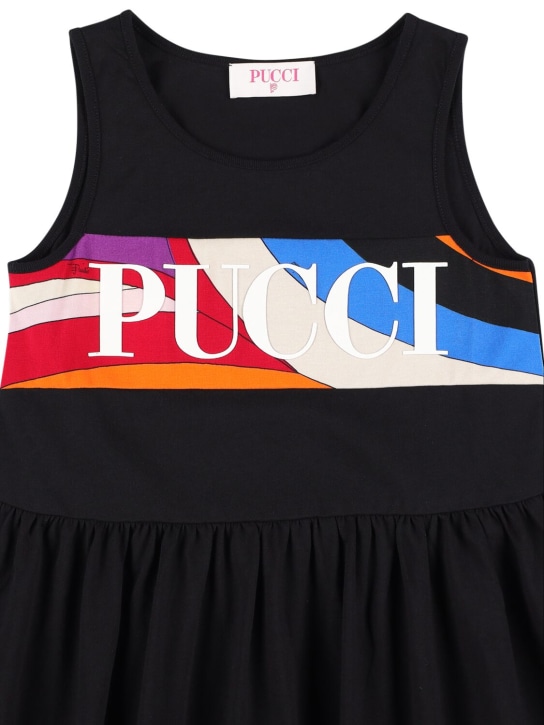 Pucci: 로고 골지 코튼 저지 슬리브리스 드레스 - 블랙 - kids-girls_1 | Luisa Via Roma