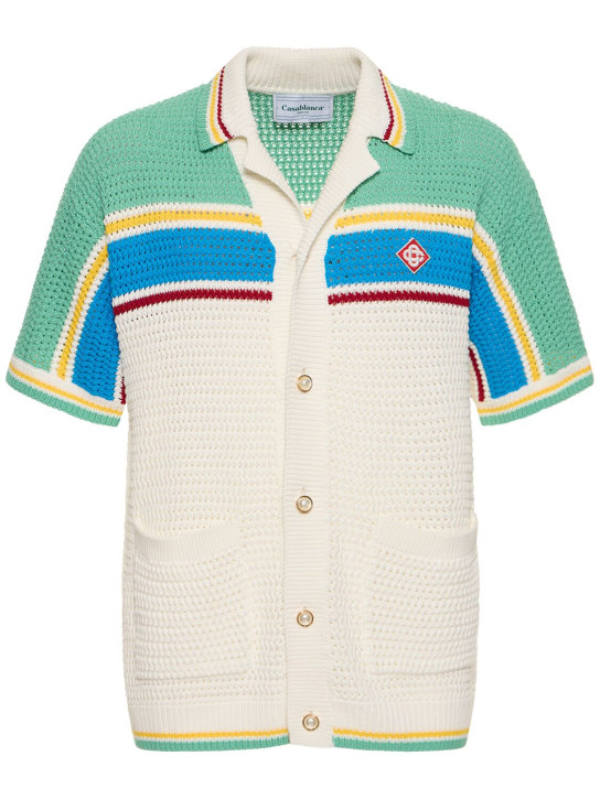 Casablanca: Crocheted cotton tennis shirt - Beyaz/Mavi - men_0 | Luisa Via Roma
