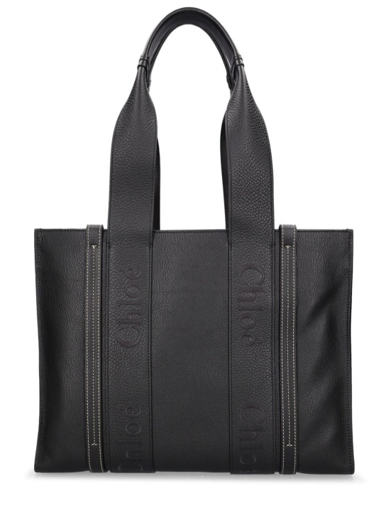 Chloé: Medium Woody leather tote bag - Siyah - women_0 | Luisa Via Roma