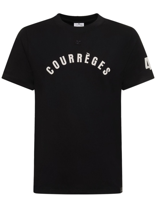 Courreges: Logo印花有机棉T恤 - 黑色 - men_0 | Luisa Via Roma