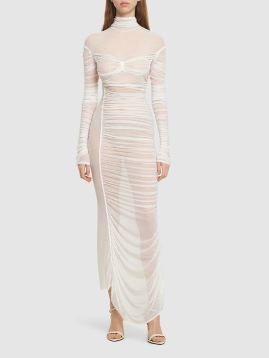 MUGLER: Draped mesh maxi dress - Beyaz - women_1 | Luisa Via Roma