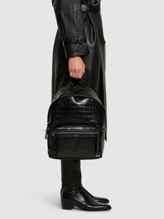 Saint Laurent: Croc embossed leather backpack - Siyah - men_1 | Luisa Via Roma
