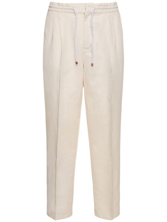 Brunello Cucinelli: Pantalon en coton et lin avec cordons de serrage - Blanc Cassé - men_0 | Luisa Via Roma