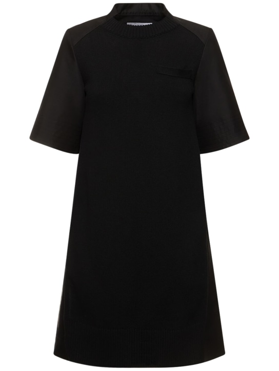 Sacai: 棉质华达呢针织短袖迷你连衣裙 - 黑色 - women_0 | Luisa Via Roma