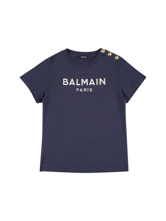 Balmain: Camiseta de jersey de algodón orgánico - Azul Marino - kids-girls_0 | Luisa Via Roma