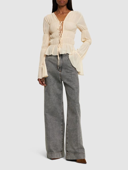 Blumarine: 褶饰透明粘胶纤维长袖衬衫 - 米黄色 - women_1 | Luisa Via Roma