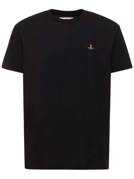 Vivienne Westwood: T-shirt en jersey de coton à logo brodé - Noir - men_0 | Luisa Via Roma