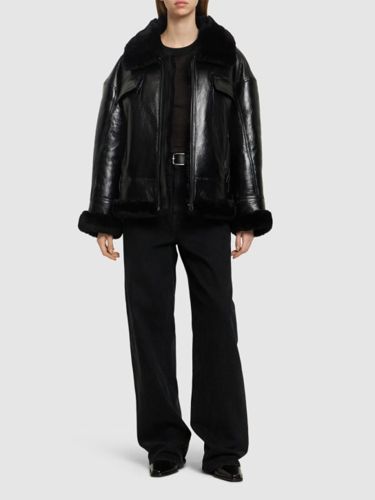 David Koma: Shearling leather jacket - Black - women_1 | Luisa Via Roma