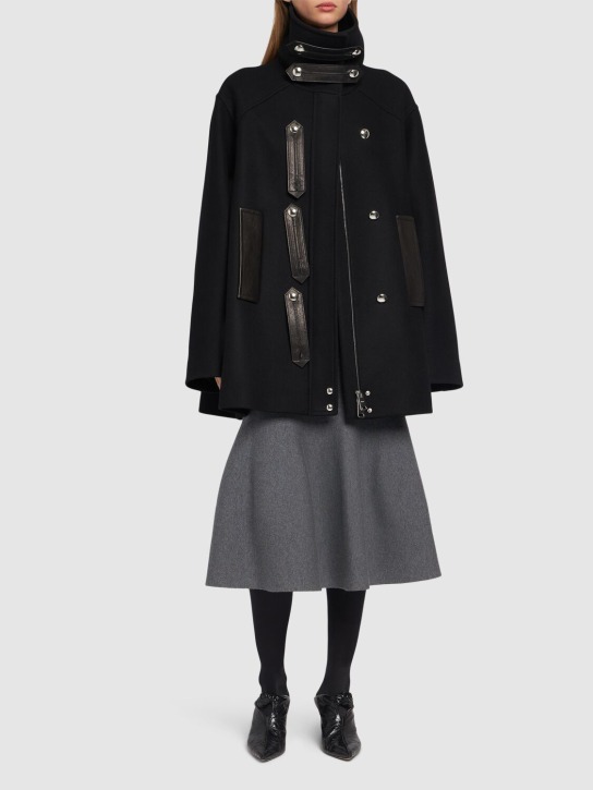 Khaite: Melbo wool blend coat w/leather - Siyah - women_1 | Luisa Via Roma