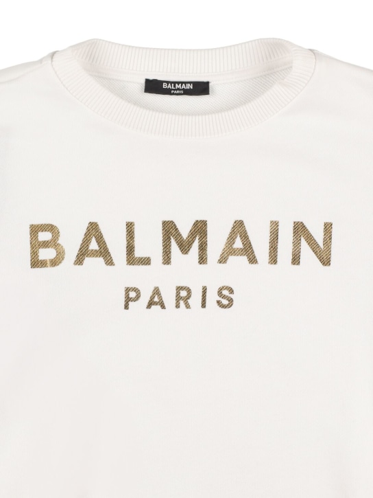 Balmain: Sweat-shirt à imprimé logo - Blanc/Or - kids-boys_1 | Luisa Via Roma