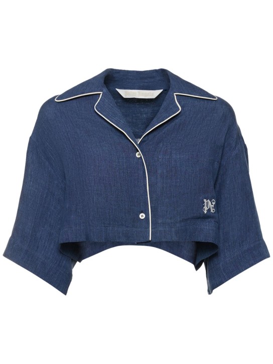 Palm Angels: Camicia cropped Monogram in lino - Indaco - women_0 | Luisa Via Roma