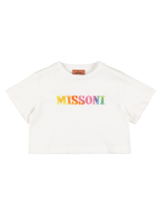 Missoni: Camiseta de jersey de algodón con logo bordado - Blanco - kids-girls_0 | Luisa Via Roma