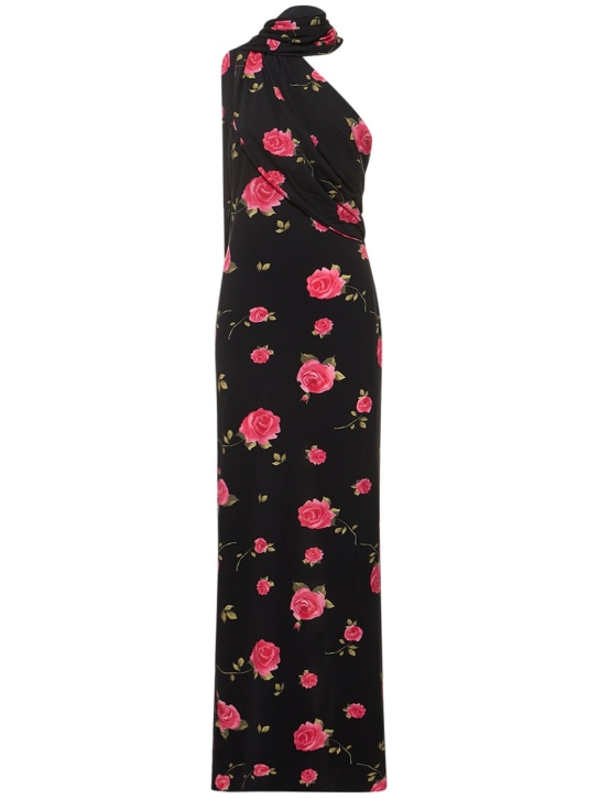 Magda Butrym: Robe longue en jersey imprimé roses avec foulard - Noir/Rose - women_0 | Luisa Via Roma