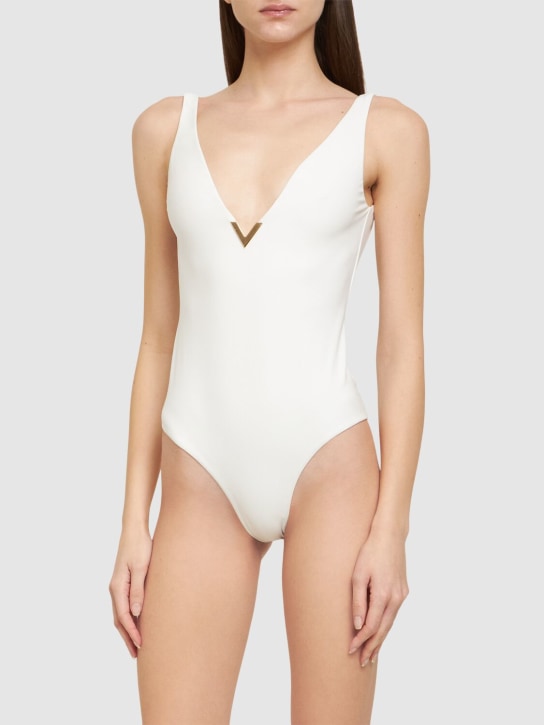 Valentino: Lycra v-neck logo one piece swimsuit - White - women_1 | Luisa Via Roma