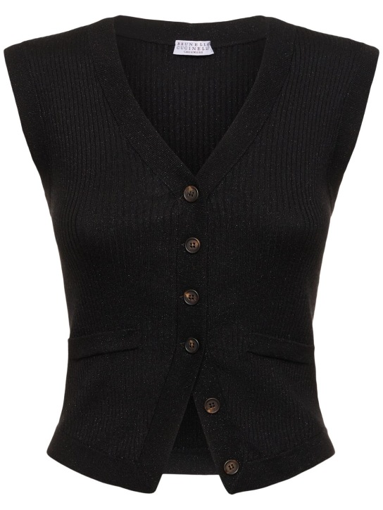Brunello Cucinelli: Rib knit cashmere blend vest - Black - women_0 | Luisa Via Roma
