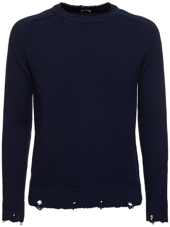 Saint Laurent: Used detail cotton crewneck sweater - Marine Blue - men_0 | Luisa Via Roma