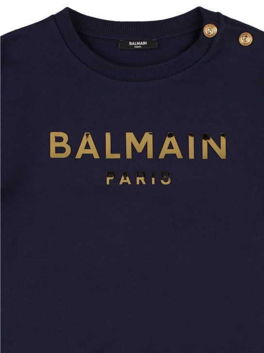 Balmain: Sweat-shirt en jersey de coton biologique - Bleu Marine - kids-girls_1 | Luisa Via Roma