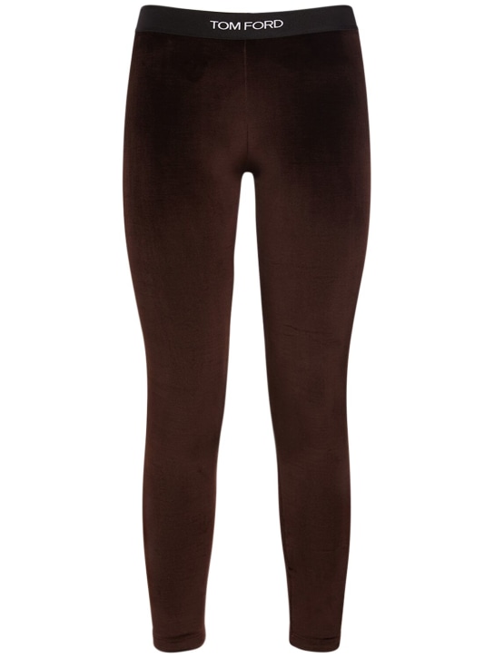 Tom Ford: Velvet logo high waist leggings - Brown - women_0 | Luisa Via Roma